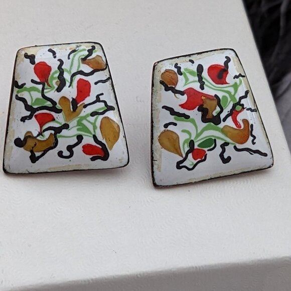 Art Nouveau Copper Enameled Earrings Screw Backs Matisse Design - Picture 1 of 5